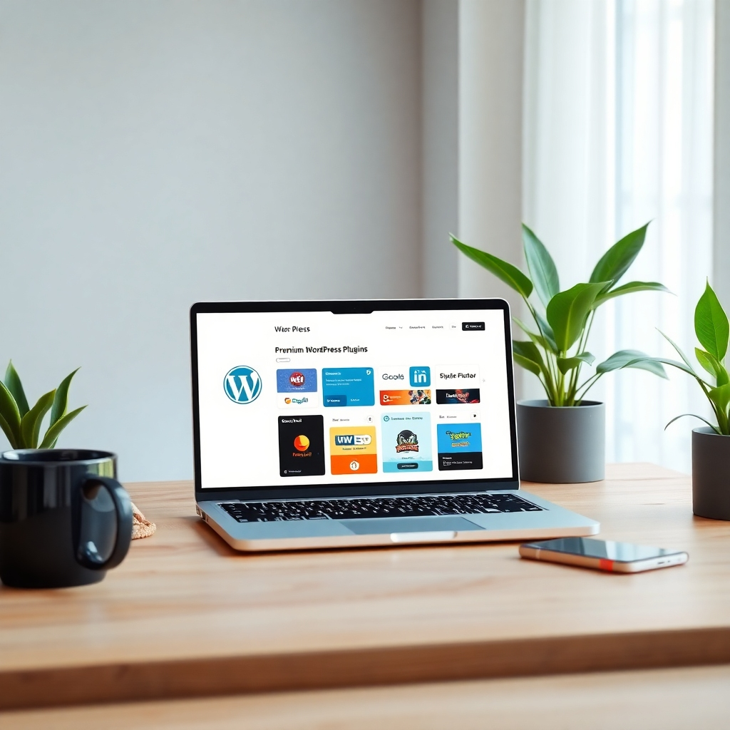 Create an ultra-detailed, photorealistic image of a modern digital workspace showcasing a laptop screen displaying premium WordPress plugins. The background should include soft diffused lighting to create a warm and inviting atmosphere, with a color palette of soft blues and whites. Capture the scene from a slightly elevated angle to highlight the laptop, surrounded by high-quality textures like a sleek wooden desk, a stylish coffee mug, and vibrant green potted plants. Include some colorful plugin icons on the laptop screen for added detail. The style should evoke a contemporary feel, reminiscent of the work of digital artist Maxine Helfman. The final image should be rendered in 8K resolution to ensure hyperrealism and complex details in materials and lighting.