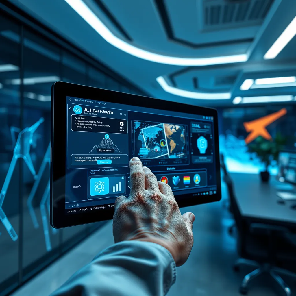 Design a photorealistic scene showcasing an advanced A.I. interface of FlexClip in action. The screen should display features like auto-editing and style adaptation with vibrant visual elements that illustrate A.I. capabilities. Set the scene in a futuristic office with sleek design and dramatic side lighting that highlights the screen's visuals. Utilize a color palette with high-contrast blues and whites to emphasize the modern technology. The perspective should focus on a user’s hand interacting with a touchscreen interface, showcasing the ease of use combined with cutting-edge technology. Include a background of soft geometric shapes and colors that echo the theme of innovation and intelligence, making the entire composition feel highly dynamic. Create an ultra-high quality image in 8K resolution, filled with intricate details and textures related to technology.