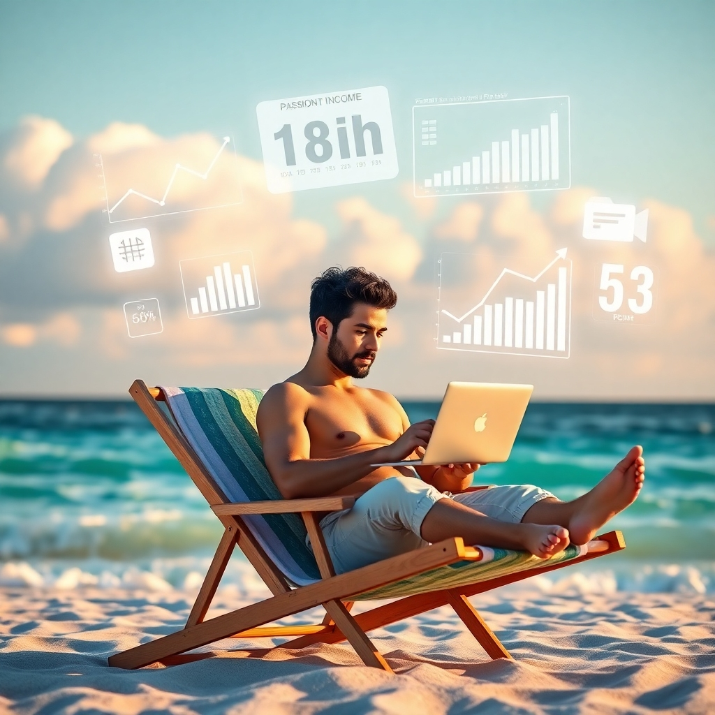 Generate a photorealistic image of a relaxed individual on a beach chair using a laptop, with a serene beach backdrop, while graphs and charts indicating passive income earnings float around them, symbolizing freedom and financial success.