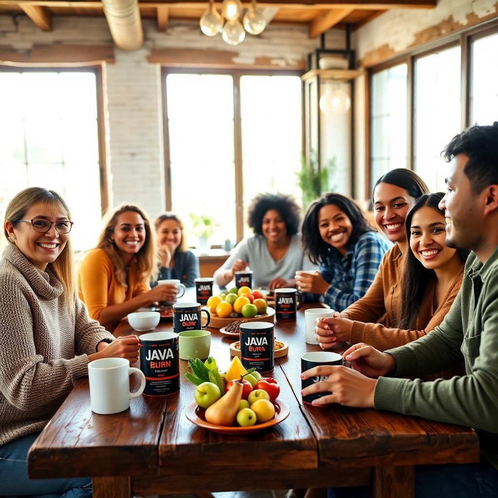 Generate a vibrant image of a diverse group of smiling people gathered around a rustic table, engaged in a lively discussion over cups of JAVA Burn Coffee. Soft natural light streams in through large windows, enhancing the cheerful mood. The table is adorned with fresh fruits, healthy snacks, and stylish coffee mugs, emphasizing a sense of community and shared health goals. Each individual is diverse in appearance, showcasing different cultures and ages, fostering inclusivity. The camera angle should be eye-level, focusing on the interaction between the participants, ensuring details like expressions and body language are clear. The color palette should include bright greens, yellows, and browns to evoke energy and positivity. The image should be hyperrealistic, emphasizing texture in the food and the ambiance, in 8K resolution.