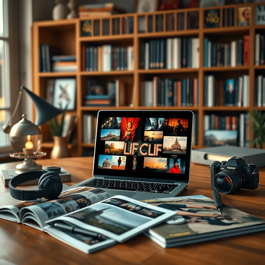 Generate an elegant, photorealistic image of a digital library filled with a diverse range of multimedia assets available through FlexClip. Showcase an open laptop displaying beautiful stock footage with vibrant colors on the screen. The setting should be a cozy office environment, with warm, soft lighting enhancing the inviting atmosphere. Use a rich color palette comprising earthy tones and vibrant accents to emphasize the creativity at hand. Capture a close-up view focusing on the detailed textures of the laptop, magazines featuring stunning visuals, and wooden surfaces that add warmth. Make sure to include artistic props such as headphones, a camera, and creative tools that symbolize multimedia production. The style should reference an airy magazine editorial feel, all in hyperrealistic detail and 8K resolution for optimal clarity and depth.