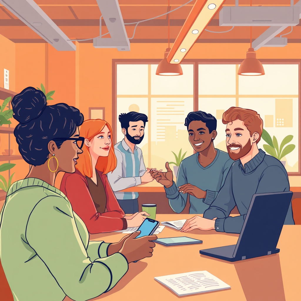 Illustrate a friendly, open workspace showcasing people of various backgrounds learning to use Famous AI. The lighting should be warm and inviting, with a bright color palette featuring oranges and greens. Texture details can include educational materials and friendly discussions around tech devices.