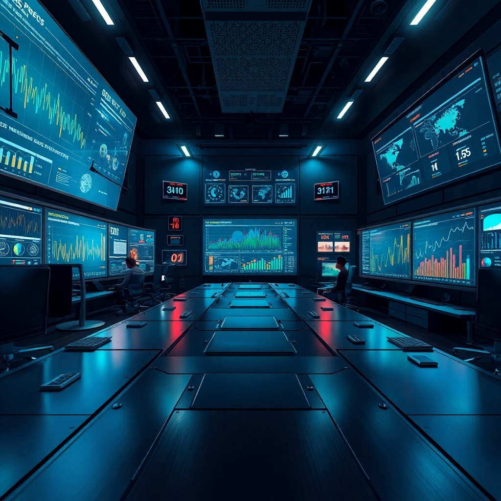 Illustrate a futuristic high-tech control room where digital specialists monitor website performance metrics on large screens. The perspective should be wide-angle, capturing dynamic elements like animated graphs and vibrant data visualizations, illuminated by dramatic side lighting. Use a color palette of deep blues, greens, and metallic silvers to portray a sophisticated atmosphere. Include a variety of textures from sleek screens to glossy metal surfaces. Enhance the scene with environmental elements like digital holograms above the tables. Take design inspiration from sci-fi film visuals such as those in ‘Blade Runner’. The artwork should be created in 8K resolution with an emphasis on hyperrealism and intricate detail in light and materials.