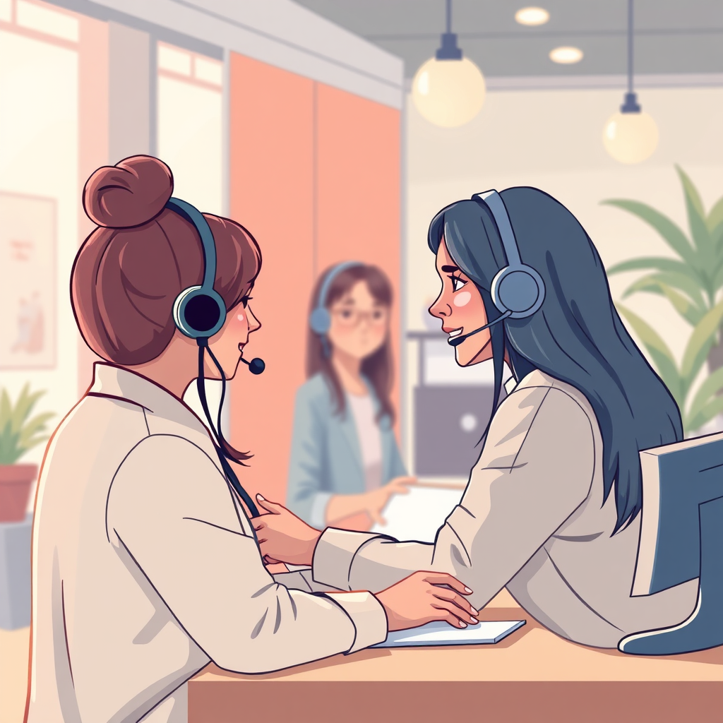 Illustrate a helpful customer support scenario with a dedicated professional assisting clients. The setting should feature warm lighting and a welcoming environment, with a focus on interaction and responsive assistance. The color palette may include soft pastels to invoke a sense of trust and warmth.
