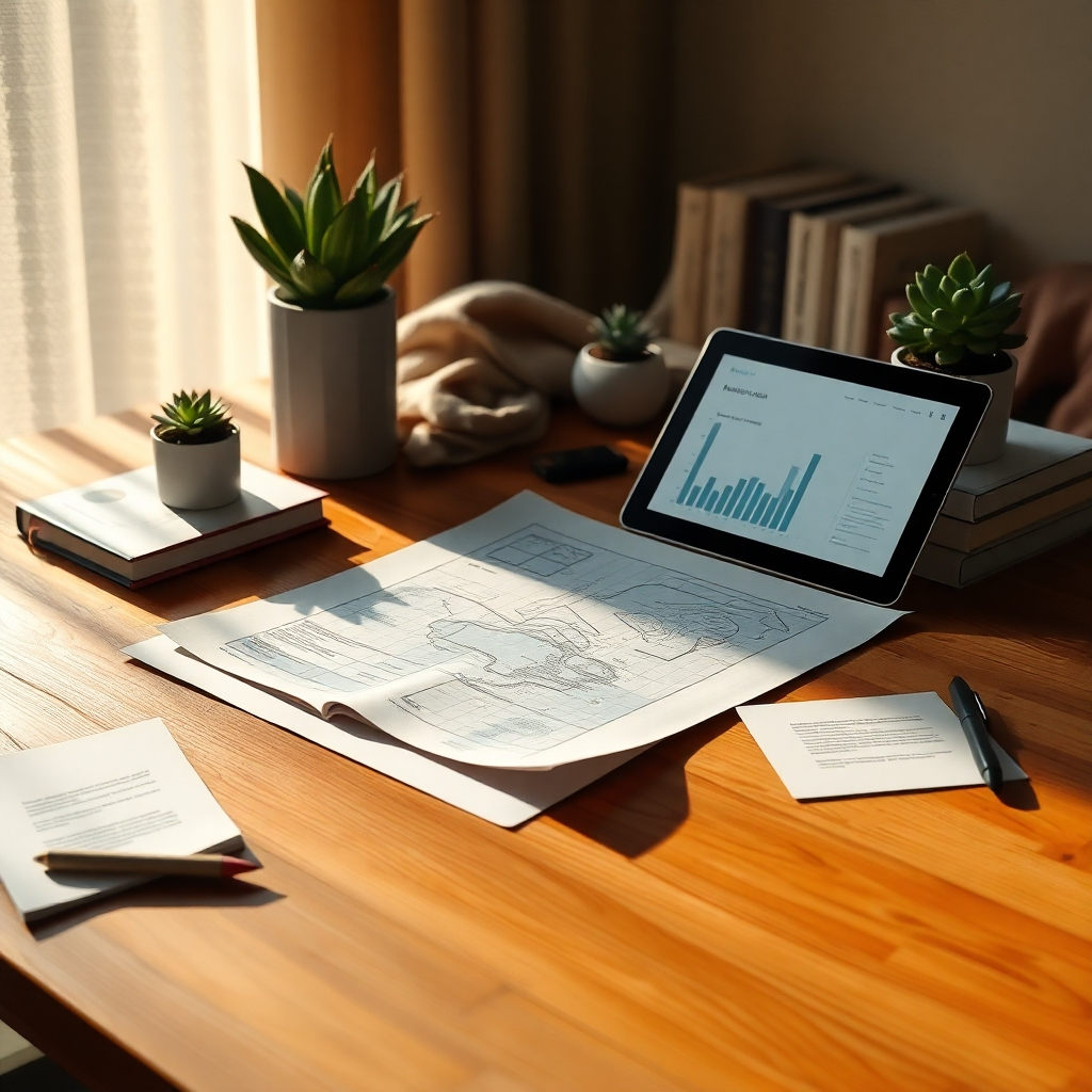Illustrate an engaging scene of an open blueprint on a wooden table, surrounded by notes and a tablet showing a financial plan. Dramatic side lighting casts interesting shadows and highlights the texture of the paper, creating a sense of discovery. The color palette should have warm tones such as browns and golds, evoking a feeling of warmth and ambition. The camera perspective is at a 45-degree angle, capturing the depth of the tabletop items. Soft fabric textures should be featured in the form of a cozy blanket draped subtly in the background. Include potted succulents and motivational books as props, reinforcing the theme of self-improvement. The final image should be in ultra-high quality, emphasizing clarity and richness in detail.