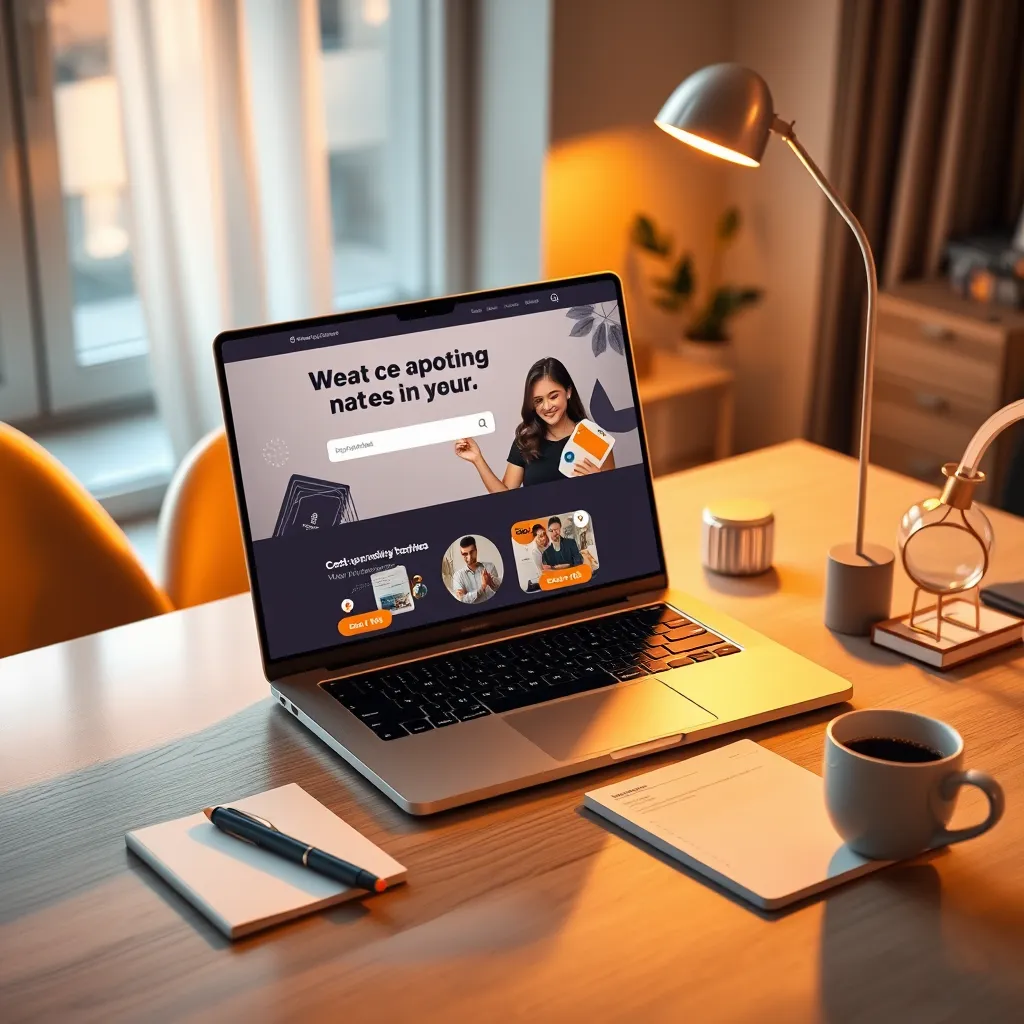 Imagine an ultra-high quality image of a sleek, visually striking sales page displayed on a modern laptop on a stylish workspace desk. The lighting is warm and inviting, with natural light cascading through a nearby window. The color palette should include whites, soft blues, and hints of orange to evoke creativity and motivation. The camera angle is slightly overhead, focusing on the screen's detailed design, showcasing eye-catching graphics, clear call-to-action buttons, and persuasive copy. The desk is tastefully decorated with a notepad, pen, a coffee cup, and minimalistic decor. The environment should evoke a contemporary feel, combining both elegance and professionalism, presented in an ultra-detailed, hyperrealistic style with 8K resolution.