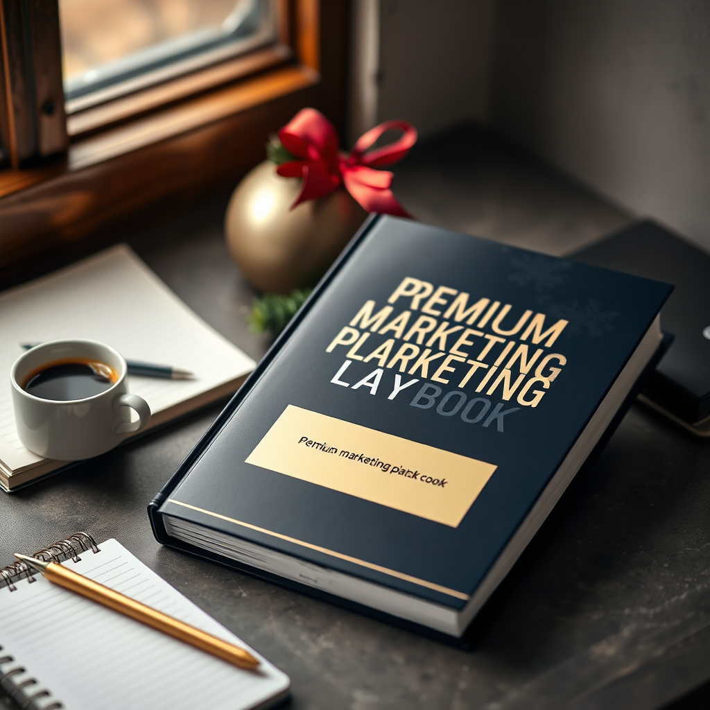 Marketing playbook cover with deep evergreen and gold typography