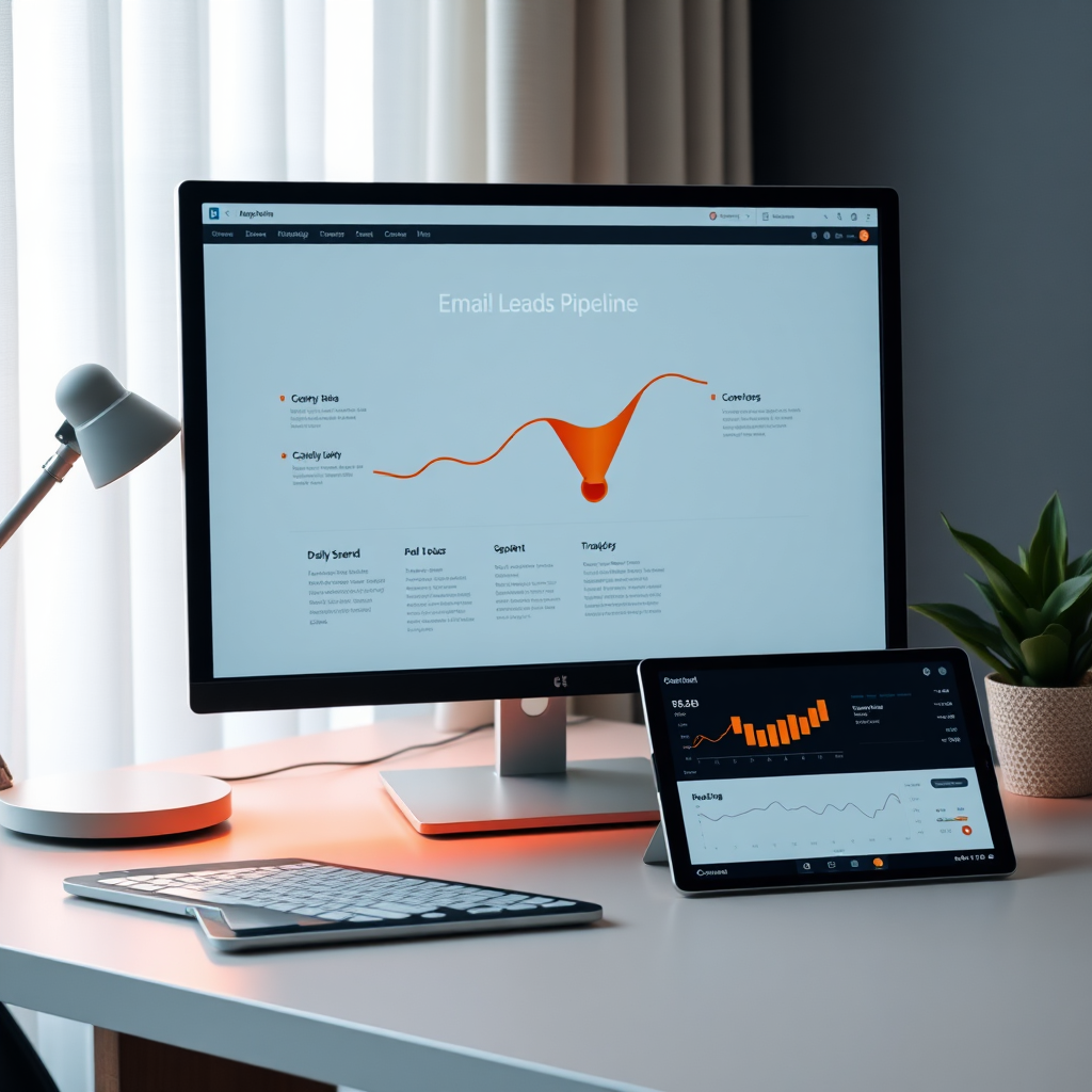 Modern MLGS banner visual featuring email marketing motifs, lead capture elements, and amber highlights on ink background