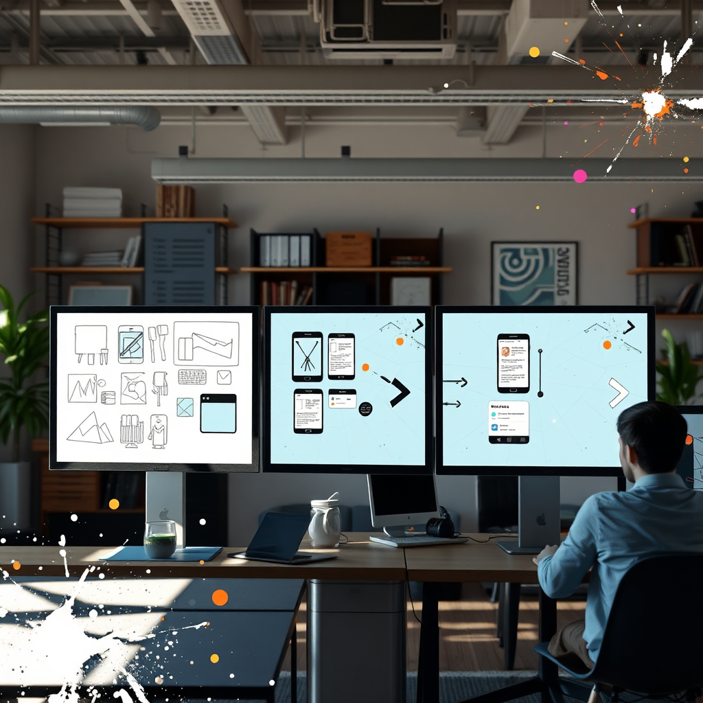Show a progression from concept sketches to app mock-ups on screens within a dynamic workspace environment. Use natural lighting to create an engaging atmosphere, with splashes of color to symbolize creativity and innovation. Depicting a transformation journey should focus on the excitement of creation.