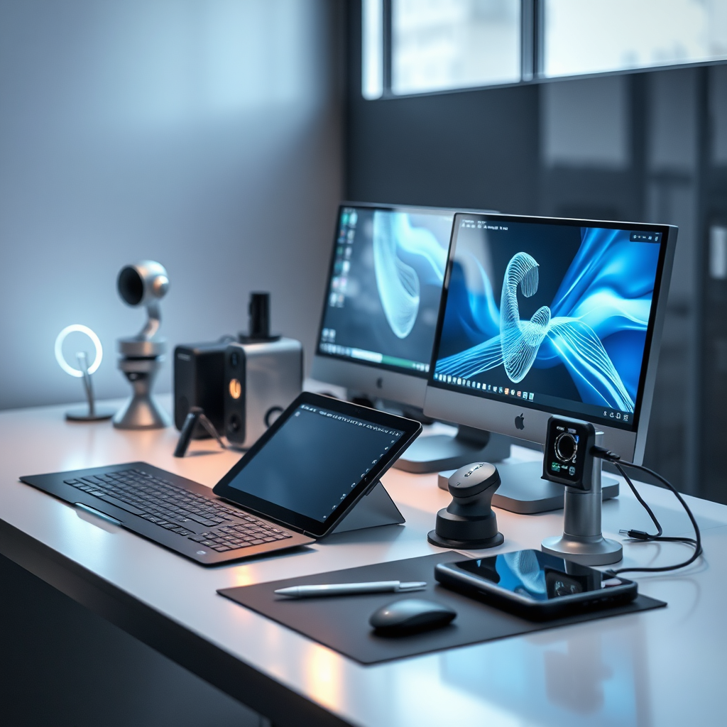 Showcase a collection of innovative tools displayed on a sleek tech desk. The composition should capture light reflecting off modern devices, creating an atmosphere of sophistication. A color palette of grays and metallics can highlight the futuristic theme of technology.