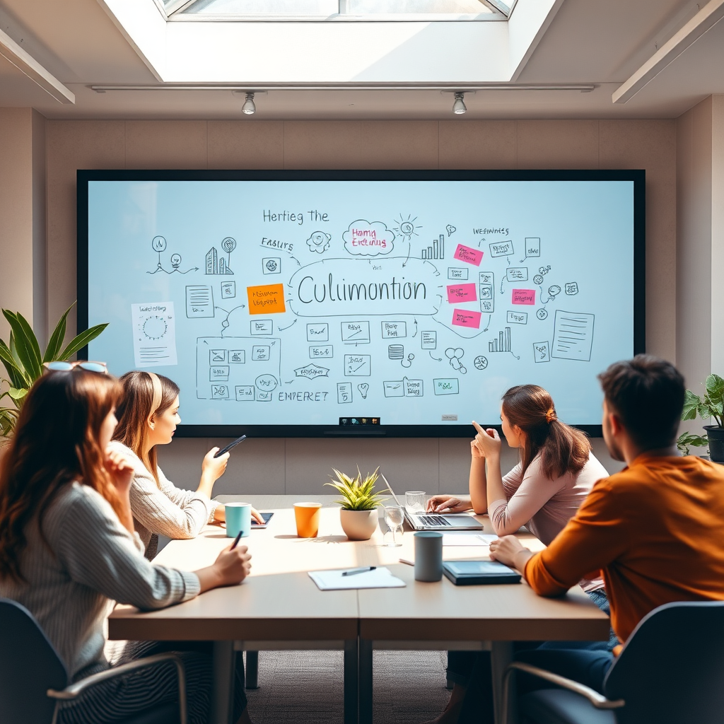 Showcase an inspiring company culture where innovation thrives. The setup should include a brainstorming session with creative minds generating ideas on a digital whiteboard. Soft, natural lighting should fill the room, with a color palette of earthy tones and bright accents to promote creativity.