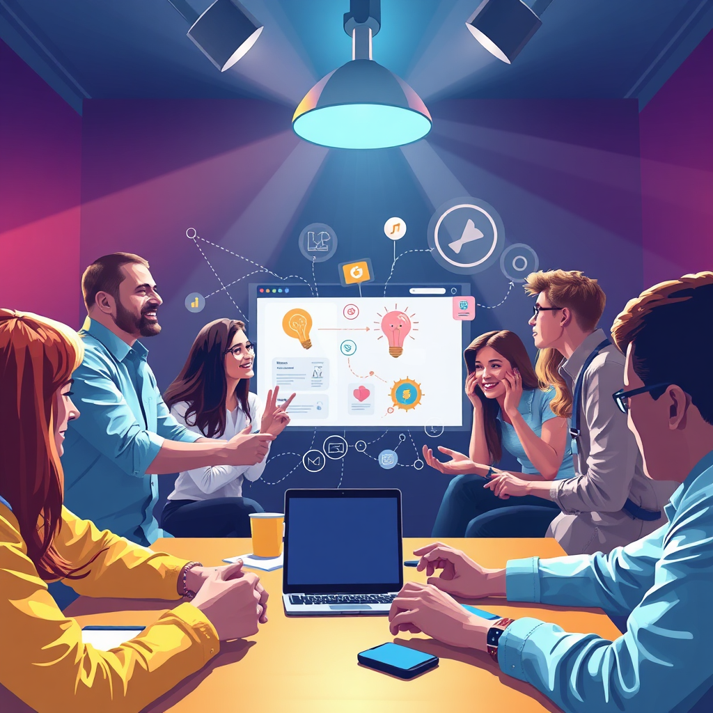 Visualize a collaborative brainstorming session where creativity knows no bounds. Capture moments of excitement and idea generation with bright spotlights and thoughtful expressions. The scene should feature a mix of digital tools and concepts being transformed into vibrant app interfaces.