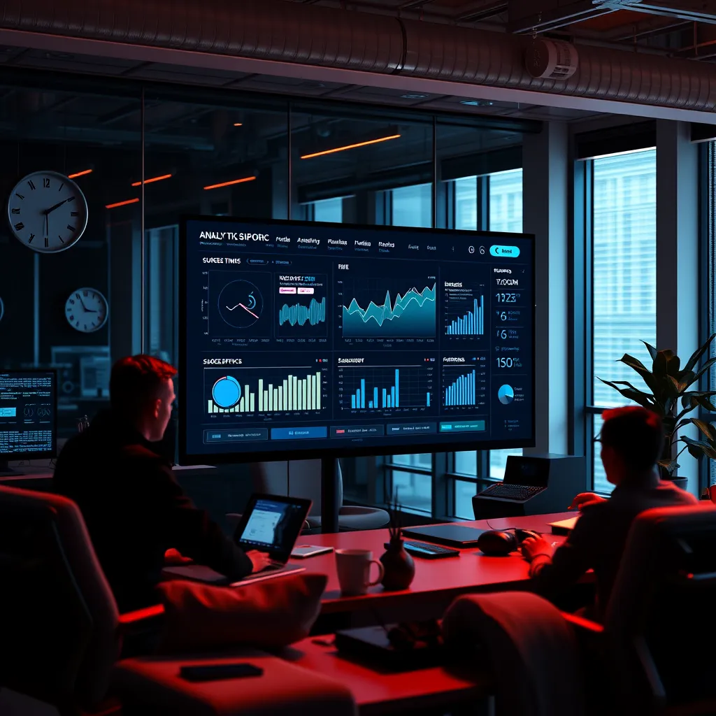 Visualize a cutting-edge analytics dashboard displayed on a large monitor in a tech-savvy office space. Use dramatic side lighting to highlight the screen’s vibrant graphs and metrics, creating a high-tech ambiance. The color palette should involve deep blacks and bright neon blues, reminiscent of futuristic themes. The perspective focuses on the monitor, showcasing intricate details of user interface elements like real-time updates, success metrics, and graphs in action. Surrounding elements include modern office furniture, a digital clock, and tech gadgets, with soft textures contrasting against high-tech materials. Portray an engaging scene with humans interacting with the dashboard while discussing insights in a collaborative environment, crafted in a hyperrealistic style with 8K resolution for maximum detail.
