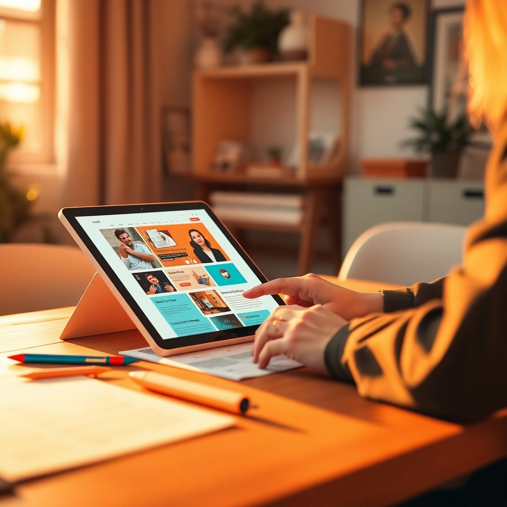 Visualize a professional graphic designer seated at a creative studio table, sketching a custom WordPress theme on a tablet. The scene should be bathed in warm, golden hour lighting, creating an inspirational and uplifting mood. Use a colorful palette featuring shades of orange, teal, and white. Capture the image from a close-up angle to focus on the designer's hands and the tablet screen displaying a vibrant theme layout alongside design notes. Incorporate textures of high-quality paper and designer tools scattered across the table. Reference the design styles of contemporary graphic designers like Jessica Walsh. The image should be hyper-detailed and rendered in 8K resolution, with intricate attention to materials and lighting.