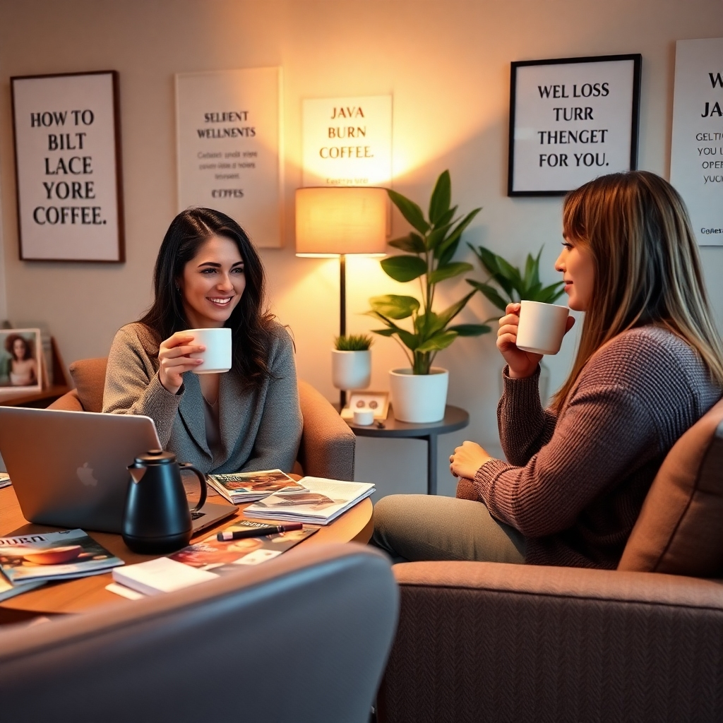 Visualize a serene coaching session in a cozy home office setting with a coach and a client sipping JAVA Burn Coffee together. The room features soft, warm lighting and is decorated with motivational quotes on the walls. The desk is cluttered with wellness magazines, a laptop, and a stylish kettle for brewing coffee, showcasing a professional yet comfortable environment. Ensure the camera is positioned at an angle that captures both the coach's encouraging expression and the client's attentive demeanor. The warm color palette should include earthy tones, with the accent of a potted plant adding a fresh touch. The texture in the fabrics of the seating should be noted, promoting a feeling of comfort and safety. The image should be ultra-detailed with a focus on personal connections, presented in 8K resolution.