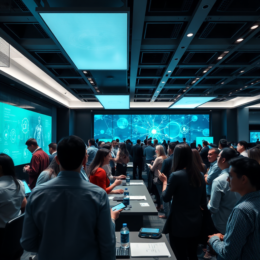 Visualize a sleek tech conference setting where diverse participants engage with Famous AI's platform. The composition should include interactive digital displays and enthusiastic discussions. Lighting should highlight the innovation, with a color palette of cool grays and greens representing modern tech. The camera angle should be eye-level to emphasize engagement.