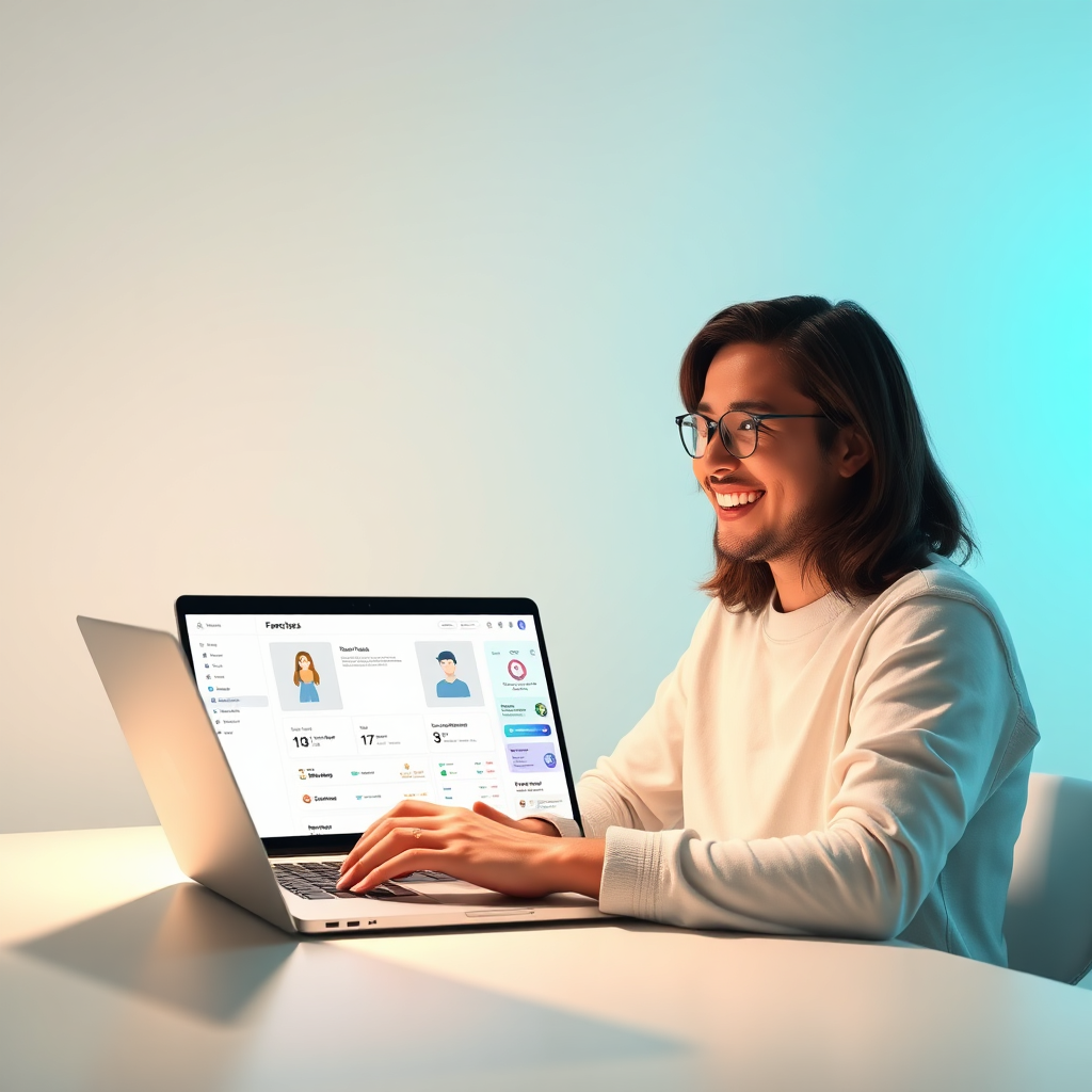 Visualize a user-friendly interface of the Famous AI app development platform. Capture an individual happily working on their laptop with a vivid user interface displayed. The lighting should be bright and cheerful, with a color palette of soft blues and whites emphasizing simplicity and accessibility.