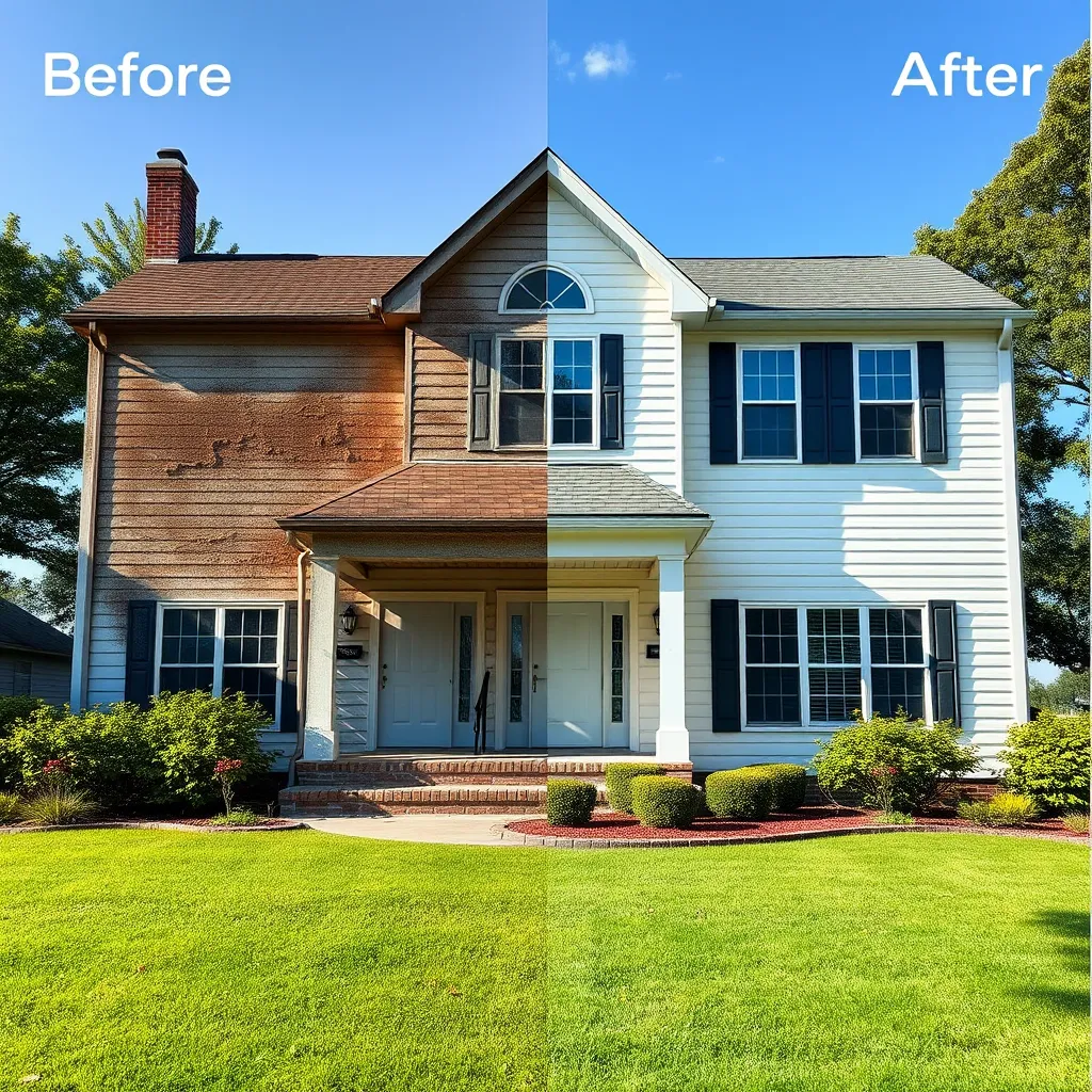 A before-and-after view of a house, with one side dirty and the other side clean and bright after pressure washing. Include lush green lawn and a sunny day to enhance the appeal.