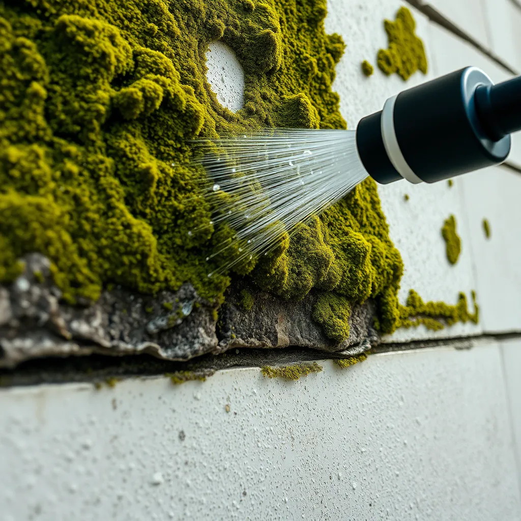 A close-up of a wall with moss and algae growth being cleaned off by a pressure washing nozzle, revealing a clean and well-maintained surface underneath; photorealistic texture details of moss, water, and clean surface.