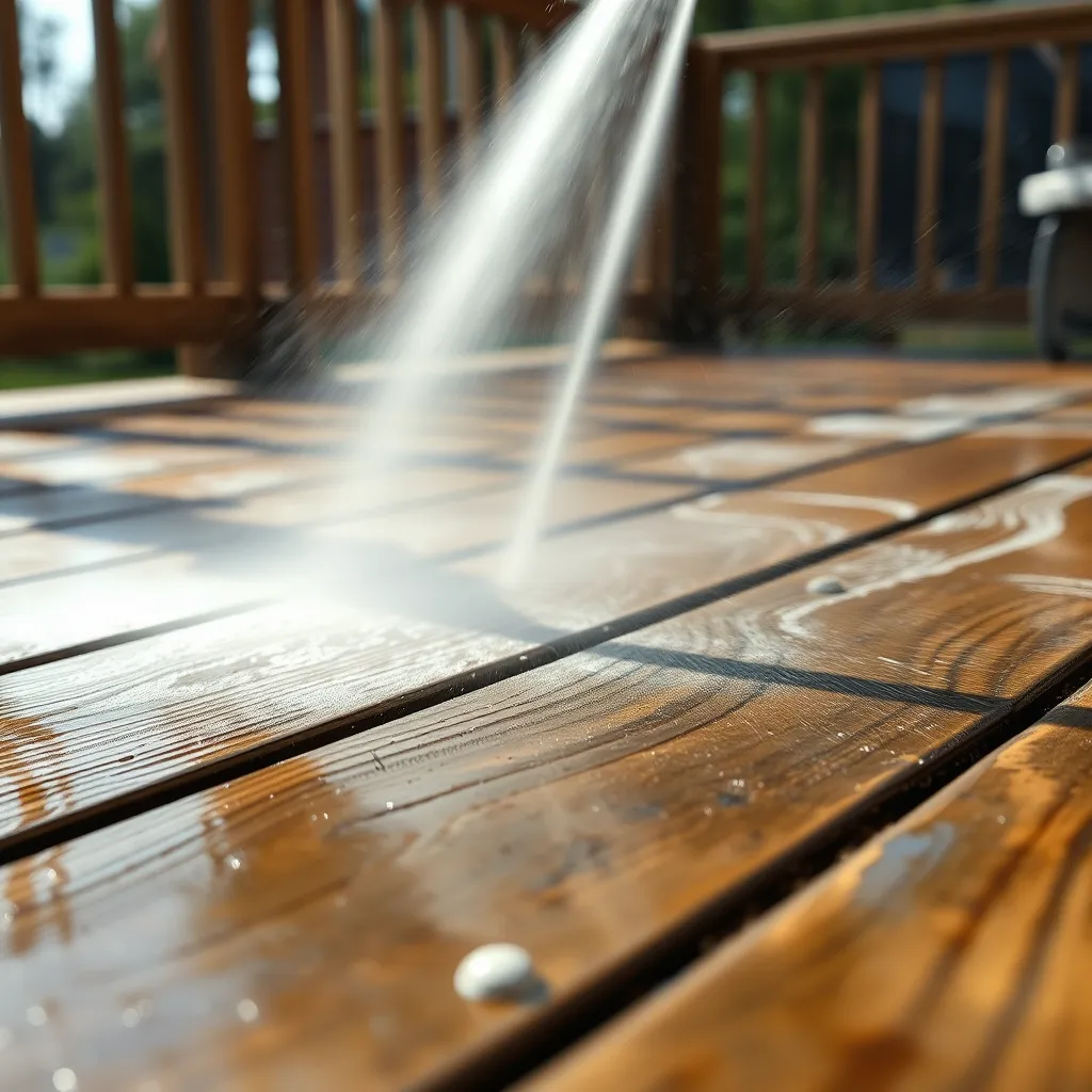 A close-up of a wooden deck being pressure washed, showing the removal of mold and dirt. The image should capture the wood's renewed appearance and the washing process in action.