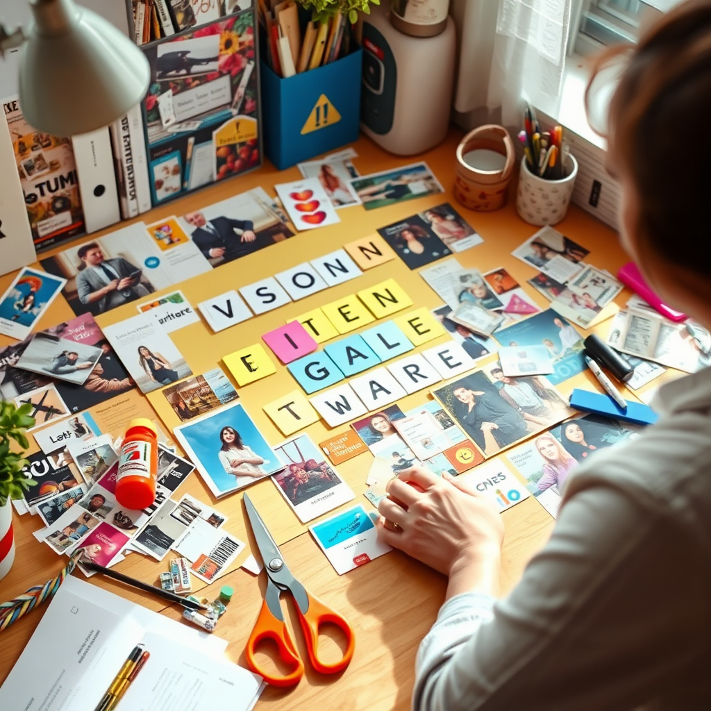 A creative workspace where an individual is assembling a vision board. The scene is colorful, filled with images and words that denote goals and aspirations. The layout is vibrant with magazine clippings, scissors, and glue scattered around, symbolizing the process of creation. Natural lighting enhances the cheerful atmosphere, with soft textures that evoke a sense of inspiration and hope. This high-quality image should capture the essence of visualization in business success.