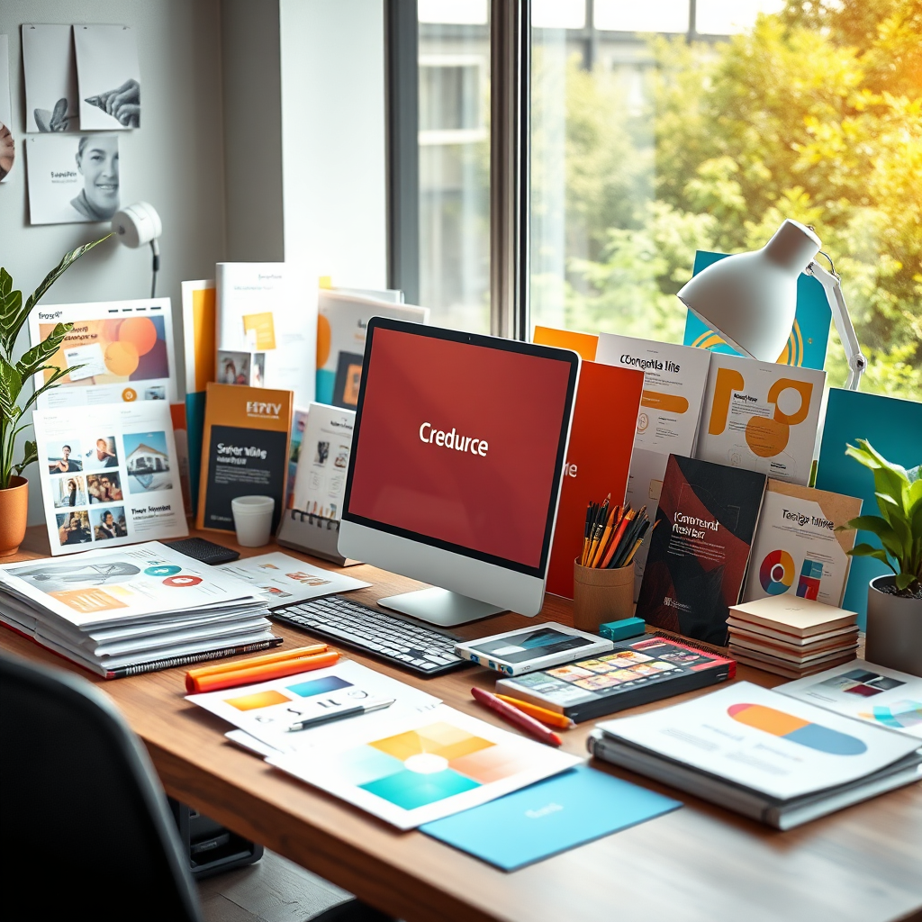 A detailed image showcasing a collection of creative business resources on a modern desk. The scene is organized yet visually vibrant, featuring various templates, design tools, and digital devices. Natural light enhances the colors, making them pop. The textures evoke a sense of practicality and inspiration. This high-quality image should embody the essence of creativity in business resources.