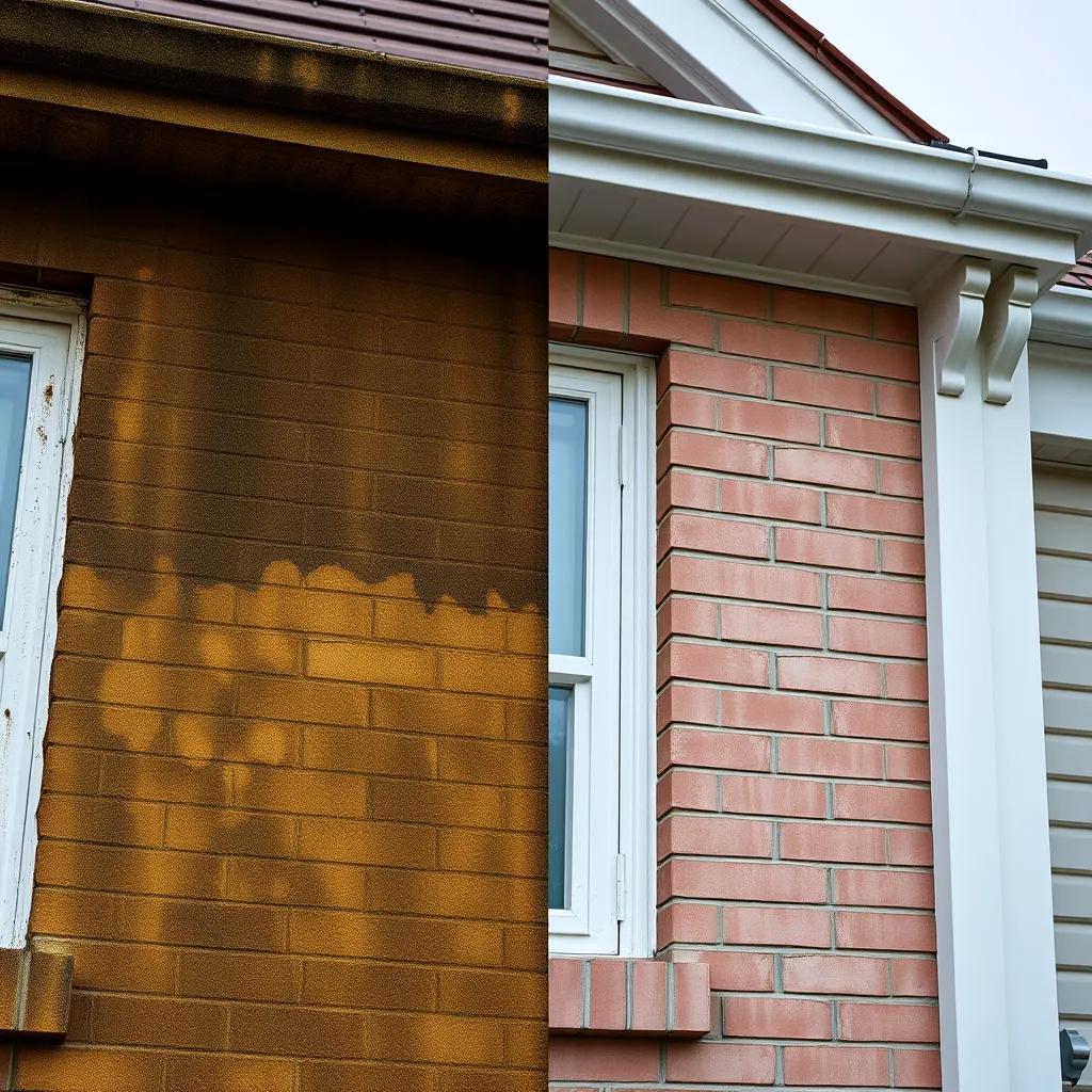 A detailed side-by-side image of a building facade: one side with dark, moldy, and mildew-covered walls, and the other side clean and mold-free after professional pressure washing. The clean side should reveal pristine brickwork or siding, looking almost new.