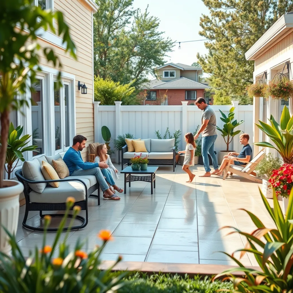 A family enjoying their time in a clean backyard, with a pressure-washed patio and surroundings. Include elements like clean outdoor furniture, children playing, and vibrant garden plants.