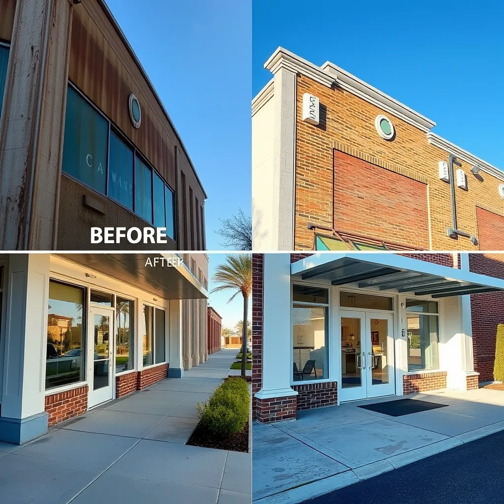 A high-quality image of a commercial property before and after pressure washing. The before image shows a dull and dirty exterior, while the after image reveals a clean, bright, and well-maintained facade. Include details such as sparkling windows, a clean sidewalk, and neat, inviting entryways.