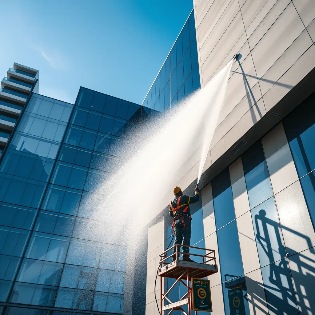 A large-scale, hyperrealistic image of a commercial building exterior being pressure washed by a professional technician. The building façade is modern, with a mix of glass and concrete elements. The technician uses industrial-grade equipment, with a high-pressure water stream vividly captured mid-air. Dramatic side lighting casts clear reflections and shadows, enhancing the building's clean and smooth surfaces. The color palette features cool grays and blues, embodying a professional, corporate mood. From a slight upward angle, viewers see the height and grandeur of the building. Surface textures are impeccably clean and wet, contrasting with areas that still appear dusty. Props include safety harnesses, a scaffold for the technician, and signage indicating an ongoing service. The background features an urban skyline under a clear sky. Captured in 8K resolution, ultra-detailed style, reminiscent of Andreas Gursky's architectural photography.