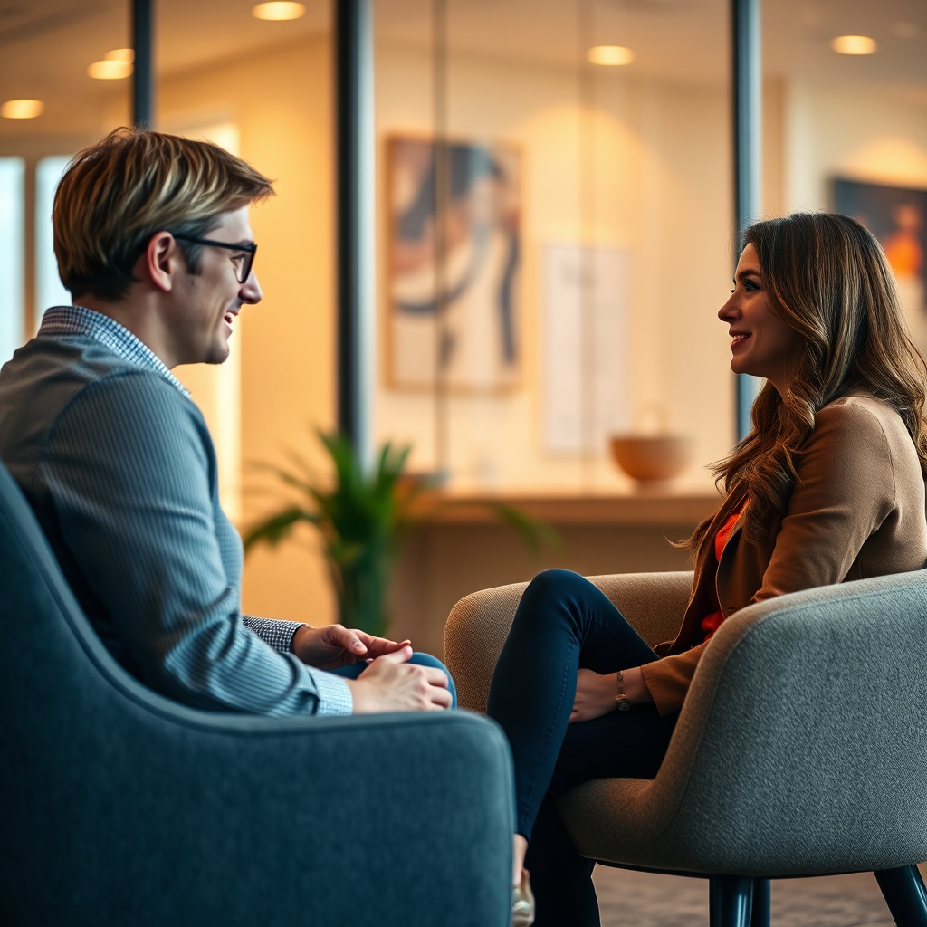 A photorealistic image capturing an intimate coaching session between a coach and a client. The setting is a modern office with soft lighting and comfortable seating. The focus is on the interaction, with visual cues of engagement. The colors are warm and inviting, promoting a feeling of trust and support. The textures should emphasize comfort and professionalism, encapsulating the essence of effective coaching.