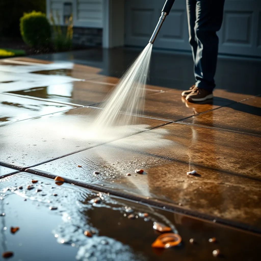 A photorealistic image of a person pressure washing a driveway. The wet areas exhibit removed grime, making the walkway visibly safer and cleaner; details include water spray, clean concrete, and cleared debris.