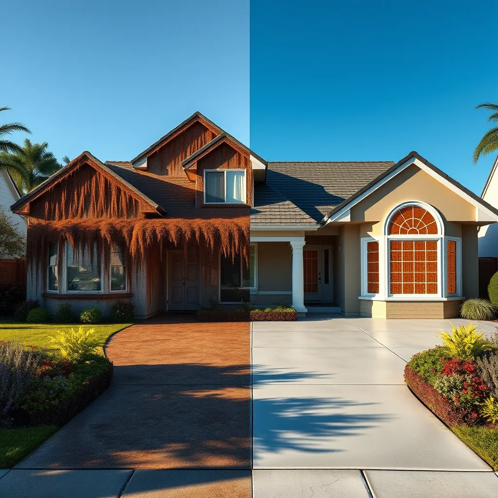A photorealistic image of a suburban home with one side covered in dirt and grime, while the other side is clean and bright after pressure washing. The contrast should highlight the significant difference, and the clean side should showcase gleaming windows, a spotless driveway, and vibrant landscaping.