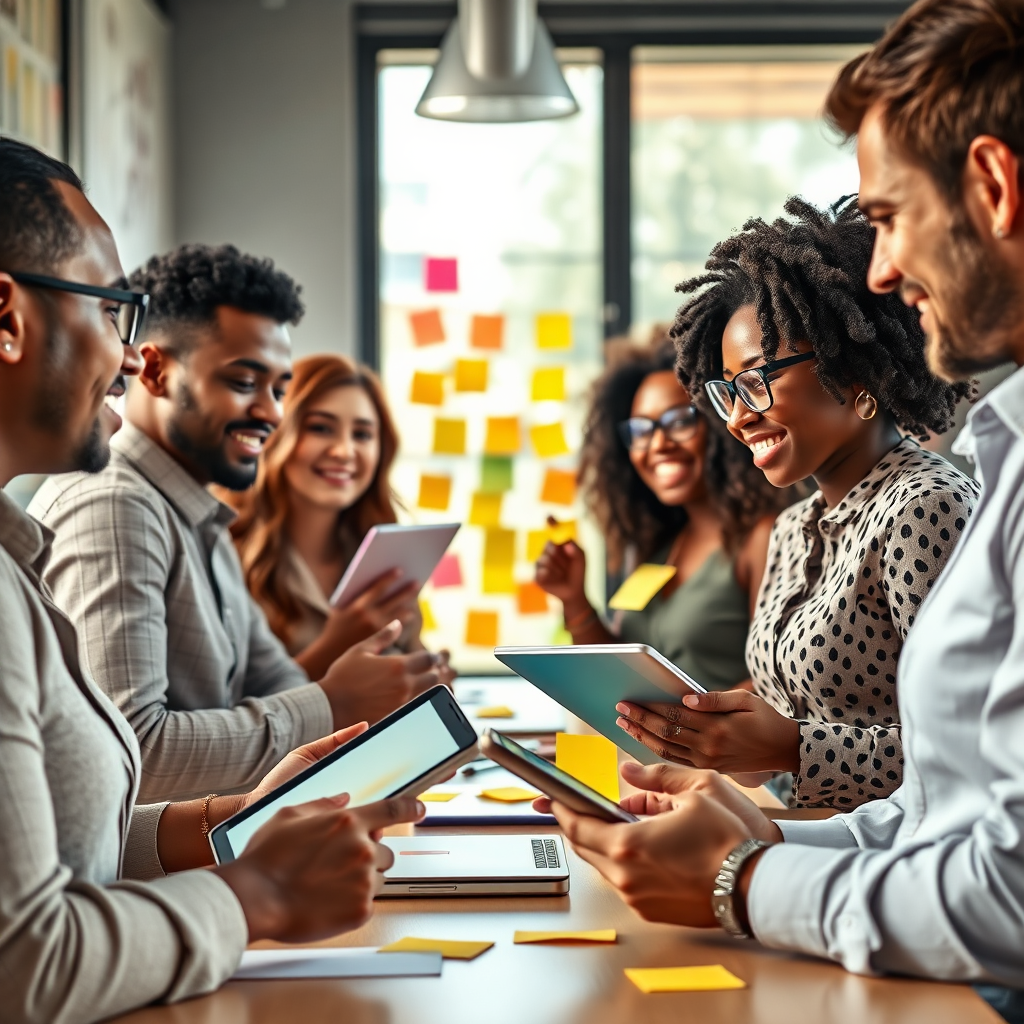 A photorealistic image showing a group of diverse individuals engaged in a brainstorming session with sticky notes and digital tablets in hand. The setting is modern and creative, filled with soft, natural light and splashes of color from presentations. The camera angle captures both excitement and focus, emphasizing engagement. The textures are sleek, and the colors are bright and energizing, contributing to a feeling of innovation and adaptability.