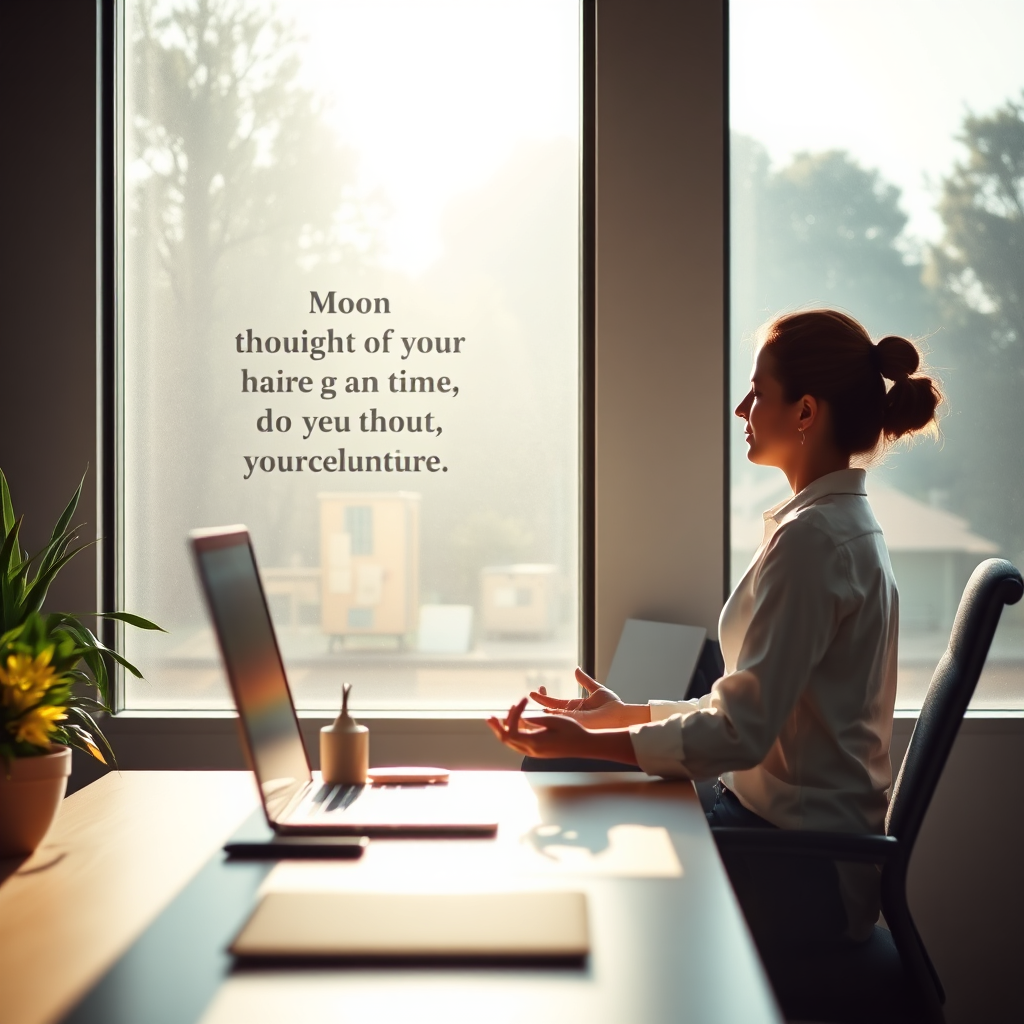 A photorealistic portrayal of a peaceful office space with an inspiring quote on the wall and a person meditating by their desk. The morning light filters through large windows, creating reflections and emphasizing a tranquil atmosphere. The colors are soft pastels, representing harmony and balance. The camera angle captures the scene from a side view, showcasing both the environment and the individual’s serenity. The textures should focus on comfort and professionalism, reflecting a holistic approach to success.