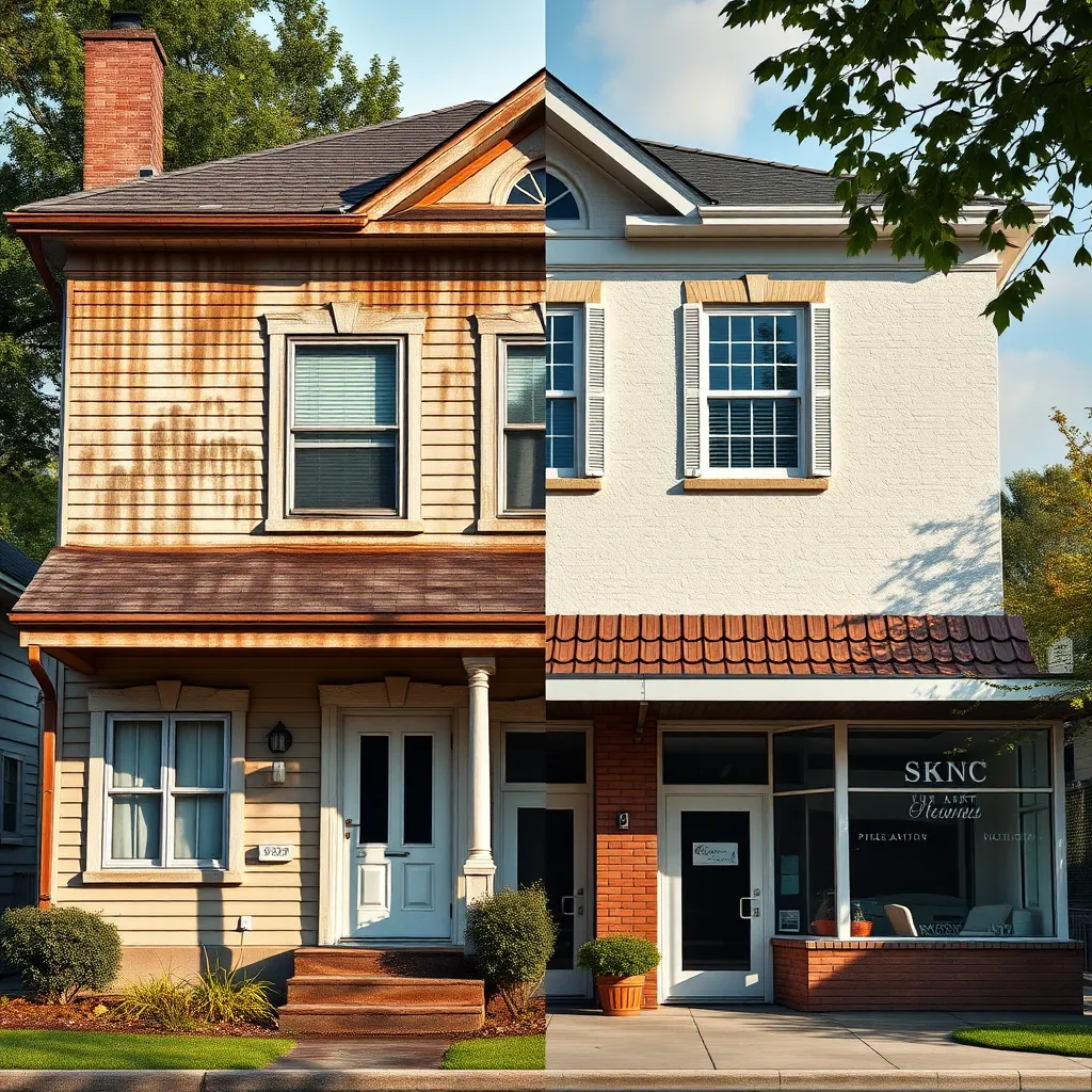 A split-view image showing a residential house and a commercial building, both with half of their exteriors dirty and the other half clean and sparkling after pressure washing; realistic details showing grime on one side and cleanliness on the other.