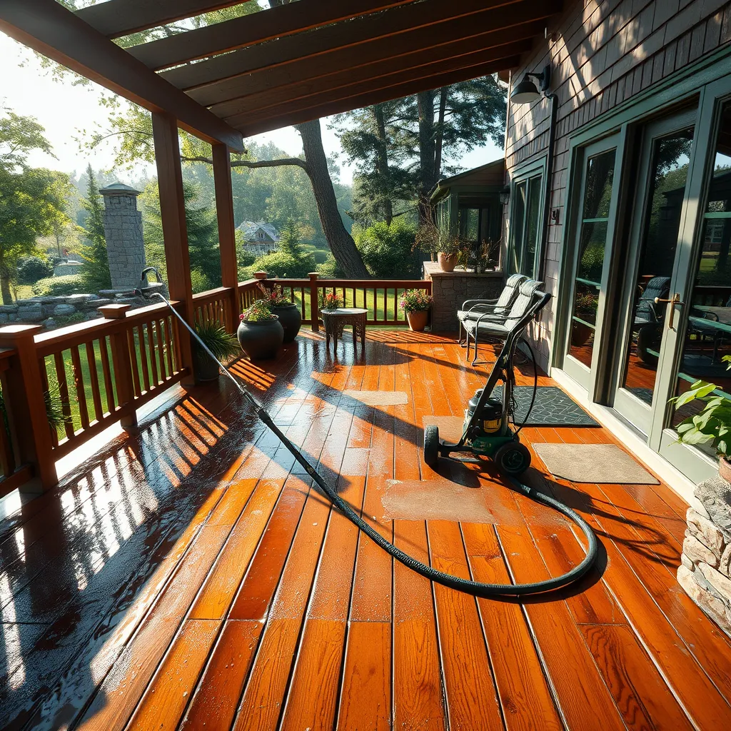 A stunning, photorealistic image capturing the process of pressure washing a residential deck and patio area. The scene showcases a wooden deck partially cleaned, revealing the rich, natural wood grains and textures. Soft, diffused sunlight filtering through surrounding trees adds a warm glow, enhancing the deck's cleanliness. The color scheme centers around natural browns and greens, evoking a serene, outdoor ambiance. Shot from an overhead angle, the perspective emphasizes the transformation from dirty to pristine. Textural details of wood and stone elements are highlighted, with water droplets and wet surfaces adding realism. Environmental elements include potted plants, patio furniture, and a scenic garden in the background. Props include the pressure washing machine, safety gear, and neatly arranged garden tools. Captured in 8K resolution, hyperrealistic, with inspiration drawn from the outdoor photography of Ansel Adams.