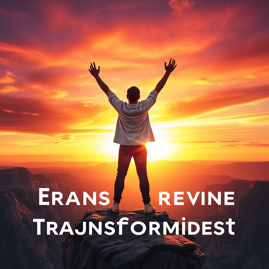 A stylized image of a person standing at the edge of a cliff, arms raised to the sky, symbolizing triumph and newfound confidence. The background is a sunrise, vibrant with colors that evoke hope and possibility. The textures of the rocky cliff enhance the feeling of achieving great heights, while the perspective draws viewers' attention upward. The image should resonate with empowerment, encouraging viewers to embrace a transformative mindset.
