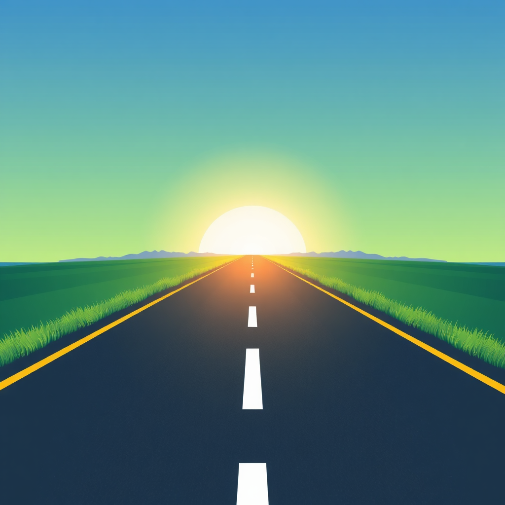 A stylized image of an open road leading into the horizon under a bright sky. The composition symbolizes freedom and potential, with vibrant colors of blue and green to convey optimism. A subtle reflection of a business meeting appears in the road's surface, suggesting a connection between journey and growth. Textures should evoke a sense of adventure and exploration, with high-quality details that inspire positive movement forward.