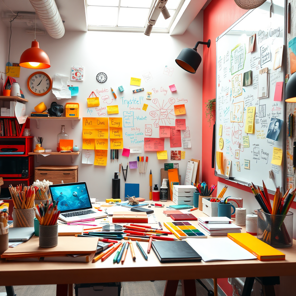 A vibrant image depicting an innovative workspace filled with art supplies, digital tools, and brainstormed ideas on a whiteboard. The lighting is bright and energizing, creating an inviting atmosphere. The color palette features bright reds, oranges, and yellows to signify creativity and inspiration. The scene captures both individual focus and collaborative energy, with textures showcasing various materials that stimulate creativity. The image should be high-quality and dynamic.
