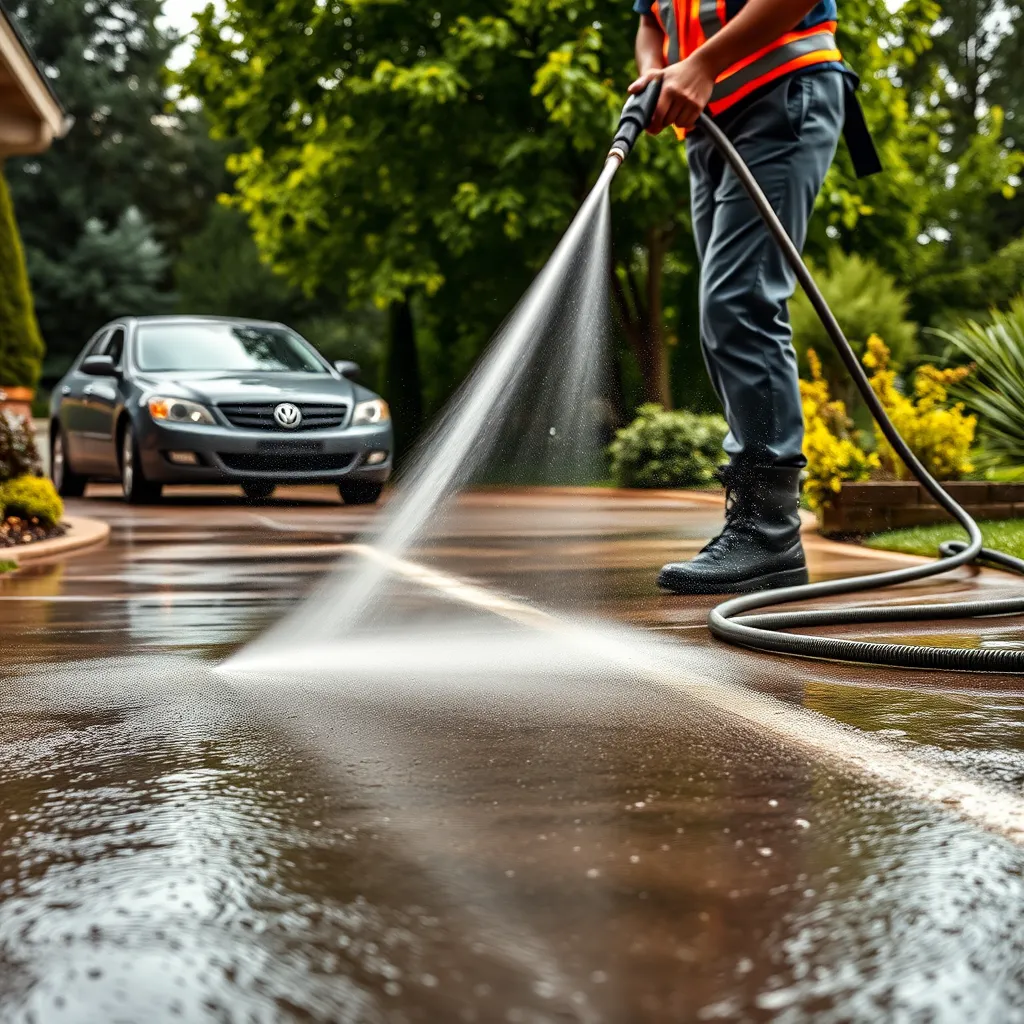 An ultra-detailed, photorealistic image of a professional pressure washing technician cleaning a residential driveway. The technician uses a high-powered pressure washer, with water spray depicted in fine, crisp droplets. Subject composition shows the technician in action, midway through cleaning, leaving one side of the driveway sparkling clean. Soft, diffused lighting highlights the wet and clean textures of the concrete. Earth tones dominate the color palette with natural green foliage background. From a low-angle perspective, the viewer sees the surface texture of the driveway, clean and wet, contrasting with the area yet to be cleaned. Nearby, a family sedan and well-kept garden indicate a tranquil residential setting. Props include safety gear worn by the technician and a water hose coiled neatly in the background. Captured in 8K resolution, hyperrealistic style, inspired by Martin Schoeller’s detailed photographic style.