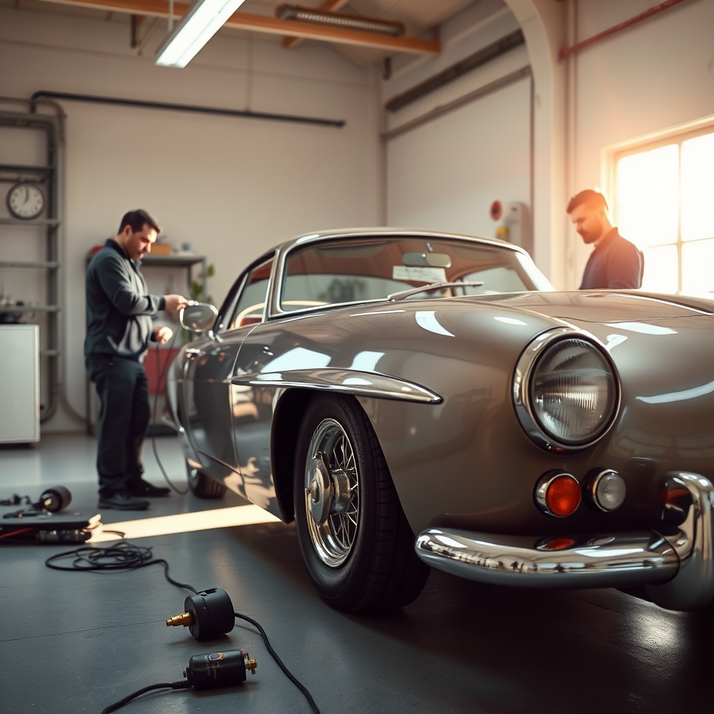 Craft a photorealistic image showing a classic car being electrically retrofitted. The setting is a clean, well-lit garage, with technicians working diligently. The classic car's shiny exterior contrasts with new electric parts scattered around. Sunlight filters through a window, reflecting off the car's polished surface. Use a soft color palette of warm tones to emphasize nostalgia. The composition focuses on the vehicle's details and the engineers' expressions, showcasing their dedication to innovation.