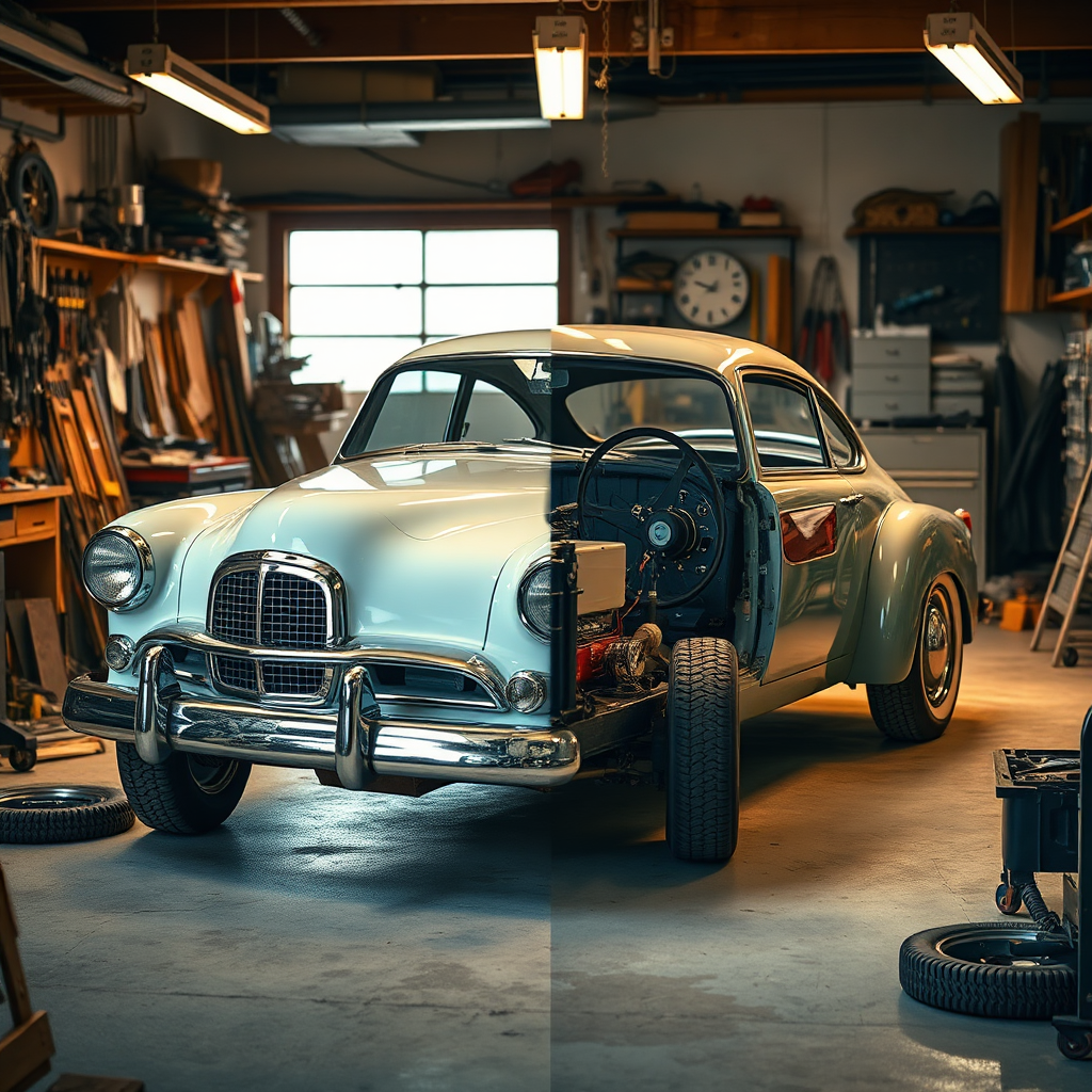 Create a captivating image of a vintage car half-finished in its electric transformation. One side shows its classic form, while the other reveals modern electric components. The garage setting is filled with tools and parts, with warm lighting creating an engaging atmosphere. This image should highlight the precise details of the vehicle's customization process, emphasizing craftsmanship, shot in high quality.