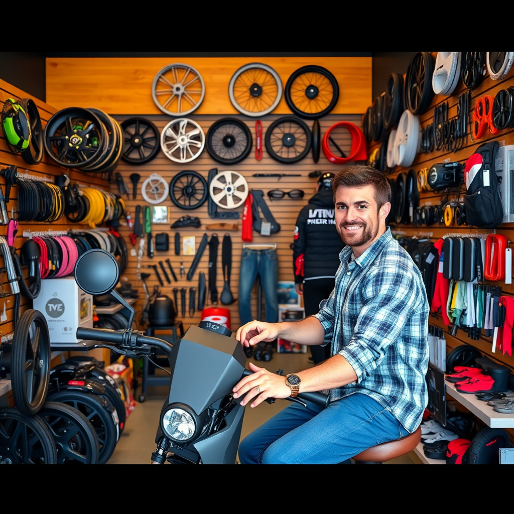 Create a vibrant image of a customer customizing their electric vehicle at a store. The surroundings are filled with various accessories, from wheels to tech gadgets, all displayed in an engaging layout. The cheerful atmosphere reflects customer enthusiasm, showcasing the range of choices available for personalization and upgrades, captured in vivid detail.