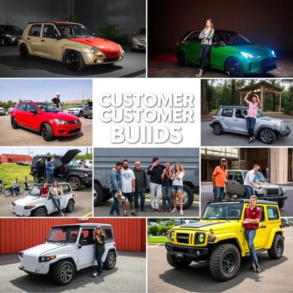 Create an engaging montage image representing various customer builds showcased in a celebratory manner. Each vehicle tells a story with different styles, and customers proudly pose with their rides. Use lively colors and a festive atmosphere to evoke joy and accomplishment, reflecting the pride of owning a custom electric vehicle. Captured in vibrant detail, this image should highlight community and creativity.