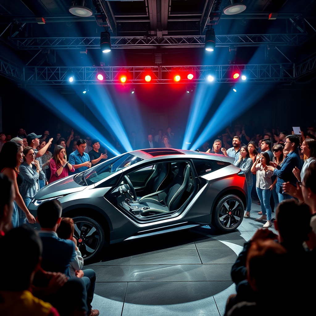 Design a dynamic image showcasing a team unveiling a retrofitted electric vehicle at an event. The scene brims with excitement, with a diverse audience admiring the vehicle. Bright stage lights illuminate the car, enhancing its futuristic features. The exciting atmosphere portrays the enthusiasm for innovation and change. The color palette should be dazzling with rich colors, creating a celebratory vibe, shot in high resolution.