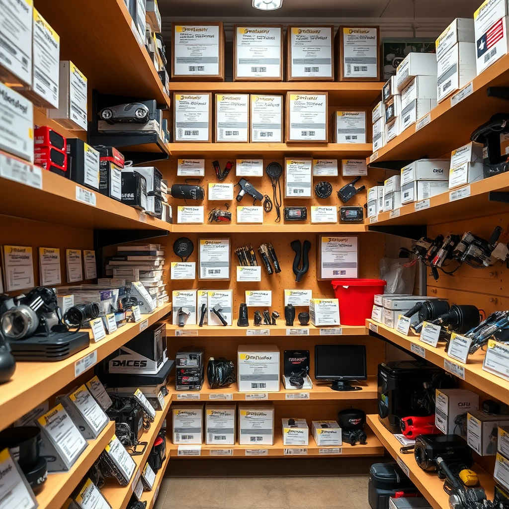 Design an image showcasing an array of high-performance electric vehicle components neatly arranged on shelves. Each part is labeled, highlighting quality and reliability, in a well-organized, bright environment. Warm lighting enhances the display, suggesting a premium feel, perfect for attracting customers who desire excellence in their builds.