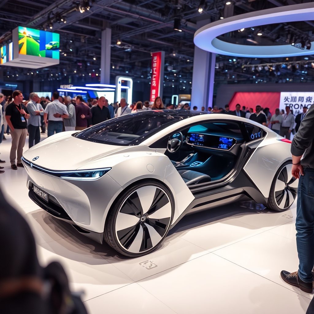 Envision a futuristic electric vehicle showcased at an auto show. The car features sleek lines and advanced tech, surrounded by curious spectators. Bright, colorful lights enhance the vehicle's appeal, while dynamic angles capture its modern designs. Showcase the expertly crafted interior and cutting-edge features, creating a sense of excitement for future possibilities. The high-resolution image should convey awe and innovation.