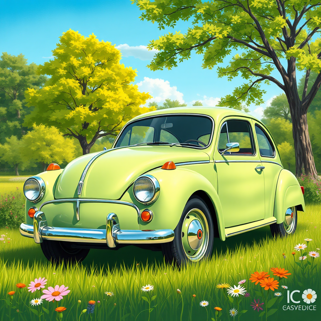 Illustrate a beautifully restored classic car parked amidst a green landscape, highlighting its eco-friendly electric conversion. The background includes lush trees and a clear blue sky, suggesting sustainability. Emphasize the vibrant paint of the car, reflecting the sunlight, with flowers and nature surrounding it. Capture this peaceful scene in vibrant colors, showcasing harmony between technology and nature, in high detail.