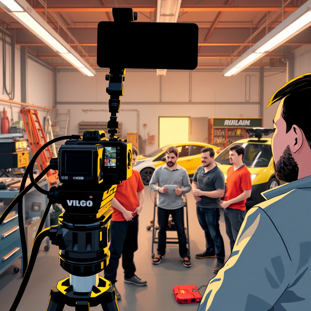 Illustrate a dynamic scene from a vlog recording session in the workshop. The camera captures an energetic team discussing ongoing projects, with electric vehicles in various stages of completion in the background. Bright lights and tools create an inspiring atmosphere. Focus on the camaraderie, creativity, and passion of the team while showcasing the electric revolution happening within the workshop.